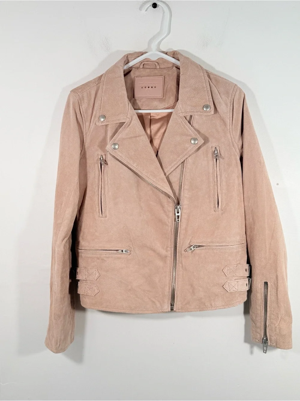BlankNYC Blush Desert Pink 100% Genuine Suede Leather Cropped Moto Jacket Small